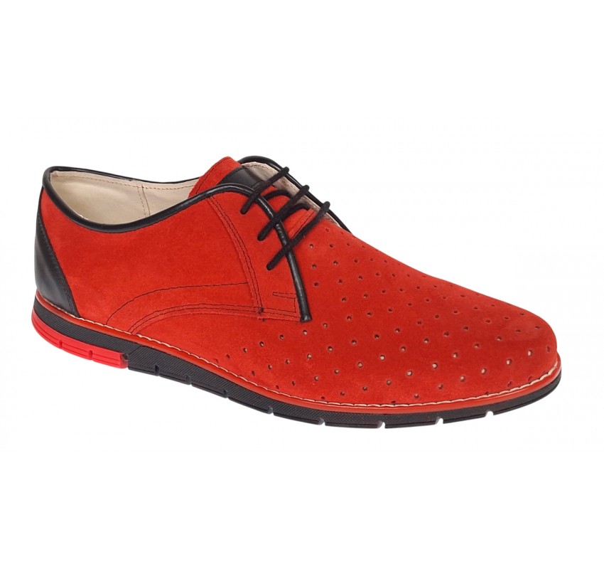 Oferta marimea 41 Pantofi barbati casual din piele naturala intoarsa cu perforatii Rosu 1010RVEL