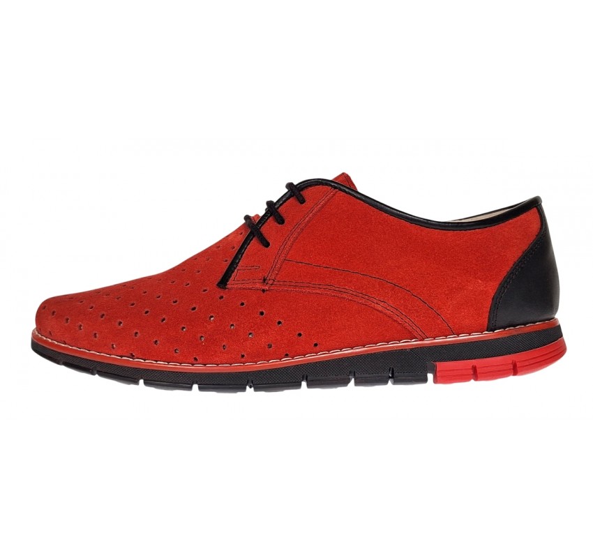 Oferta marimea 41 Pantofi barbati casual din piele naturala intoarsa cu perforatii Rosu 1010RVEL