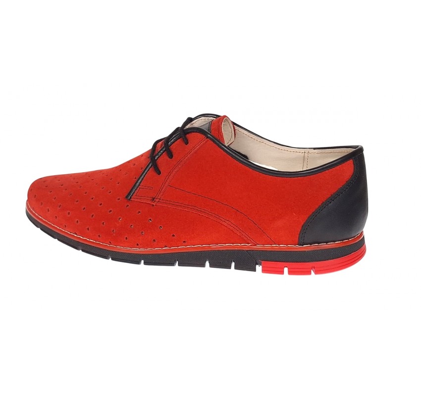 Oferta marimea 41 Pantofi barbati casual din piele naturala intoarsa cu perforatii Rosu 1010RVEL