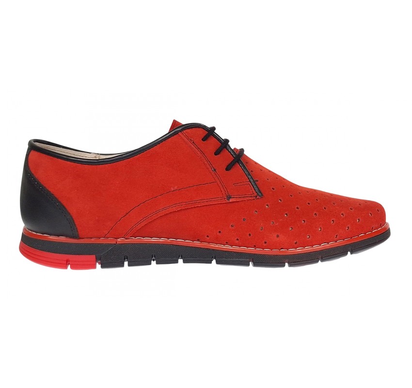 Oferta marimea 41 Pantofi barbati casual din piele naturala intoarsa cu perforatii Rosu 1010RVEL