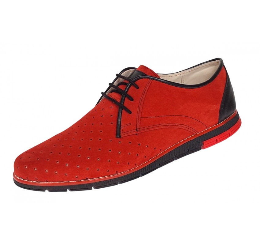 Oferta marimea 41 Pantofi barbati casual din piele naturala intoarsa cu perforatii Rosu 1010RVEL