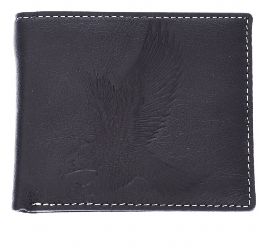 Portofel barbati din piele naturala, imprimeu cu vultur, negru, 11 x 9 cm, 209-5N