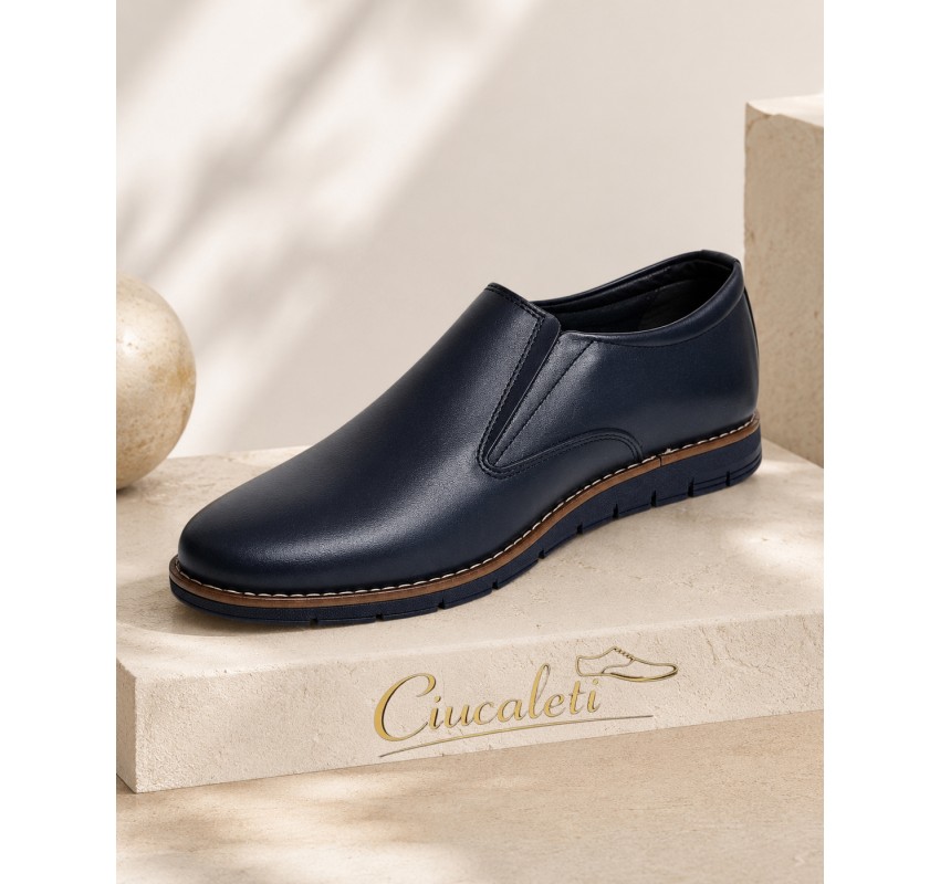 Pantofi barbati bleumarin din piele naturala tip slip-on cu talpa confort 330EBLUE