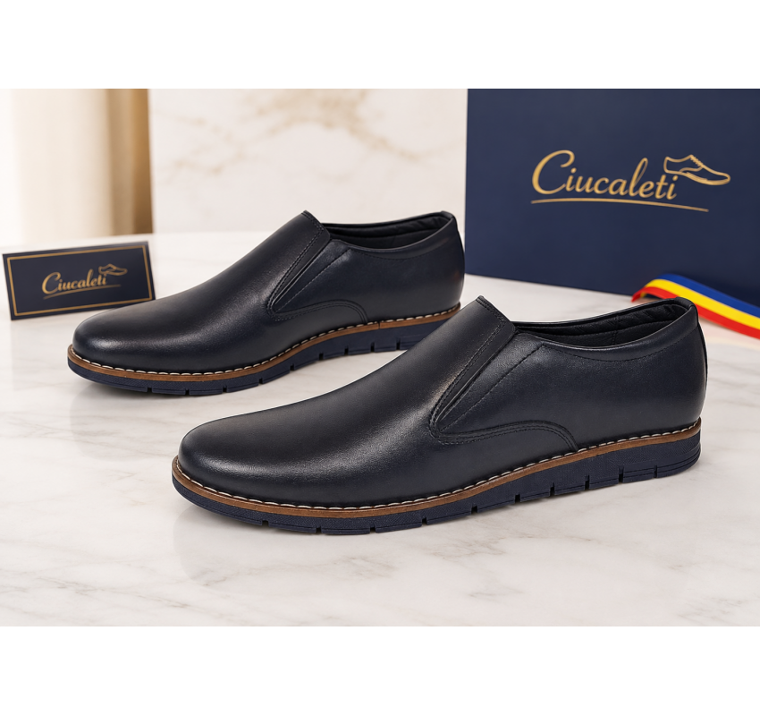 Pantofi barbati bleumarin din piele naturala tip slip-on cu talpa confort 330EBLUE