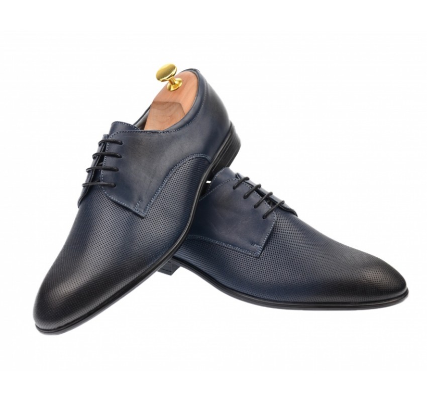 Pantofi derby barbati perforati, cu siret, din piele naturala bluemarin - 346ABLM