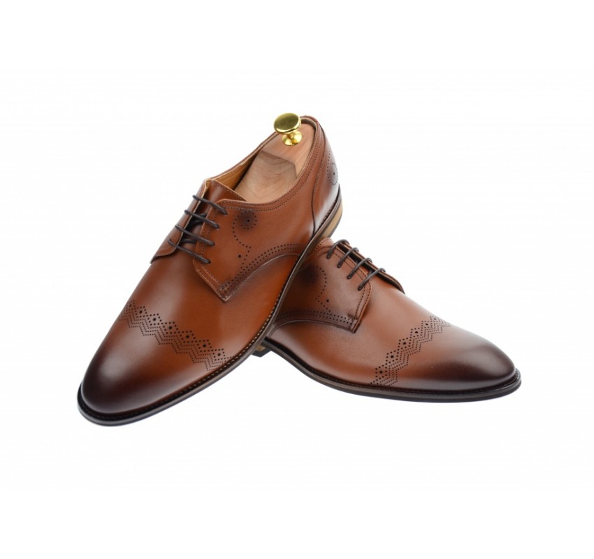 Pantofi barbati eleganti, cu siret, din piele naturala maro coniac - 700CON