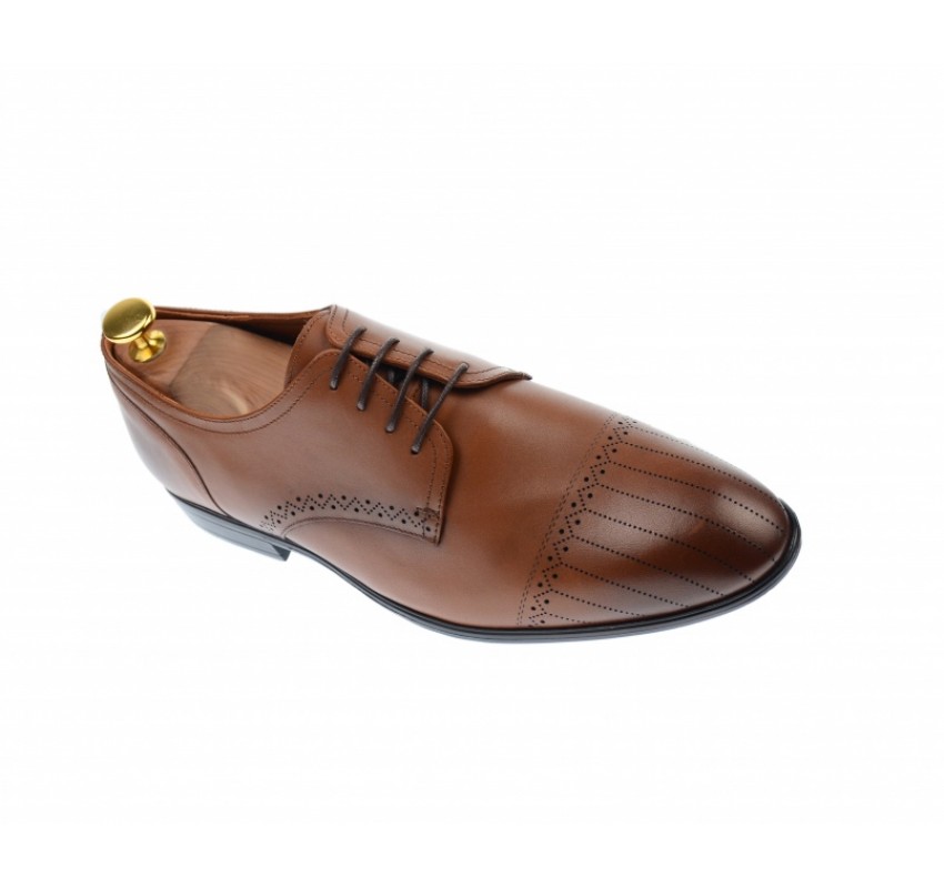 Pantofi barbati eleganti, cu siret, din piele naturala maro coniac - 702CON
