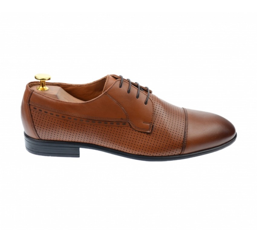 Pantofi barbati office, eleganti, cu siret, din piele naturala, maro coniac, 709CON