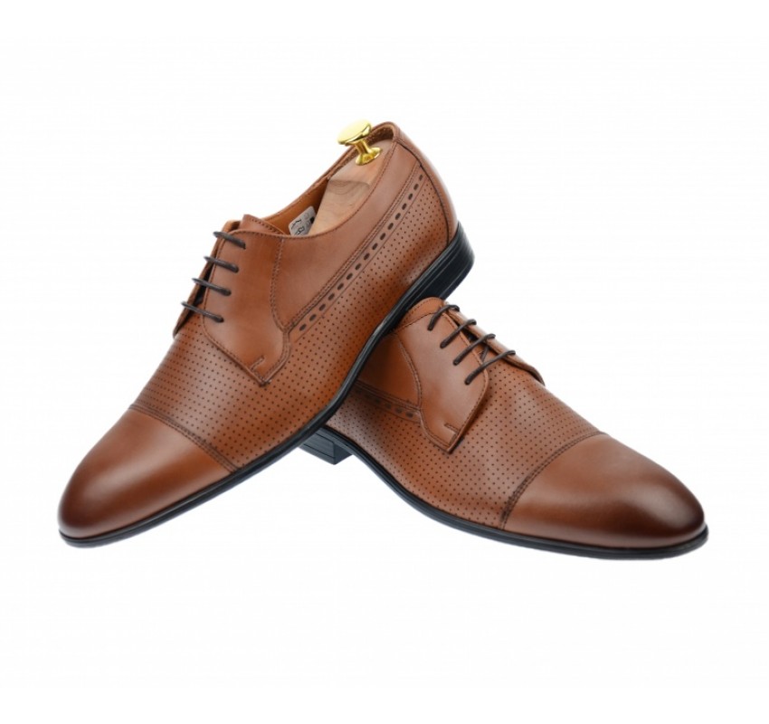 Pantofi barbati office, eleganti, cu siret, din piele naturala, maro coniac, 709CON