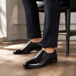 Pantofi bărbați negri din piele naturala, fără șiret, cu vârf lăcuit și design elegant – 818MODN
