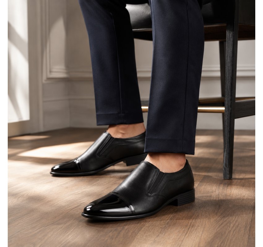 Pantofi bărbați negri din piele naturala, fără șiret, cu vârf lăcuit și design elegant – 818MODN