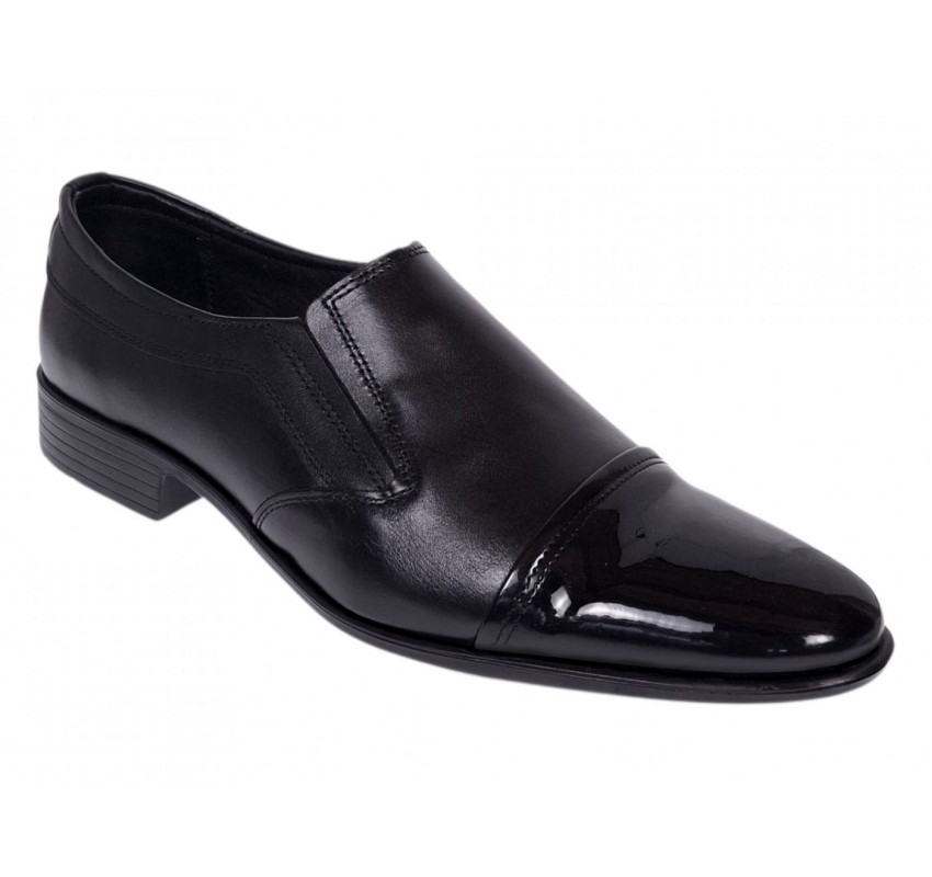 Pantofi bărbați negri din piele naturala, fără șiret, cu vârf lăcuit și design elegant – 818MODN
