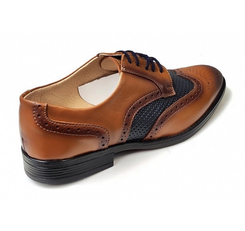 Pantofi Barbai din Piele Naturala - Stil Oxford, Model 993 Maro & Bleumarin inchis