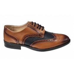 Pantofi Barbai din Piele Naturala - Stil Oxford, Model 993 Maro & Bleumarin inchis