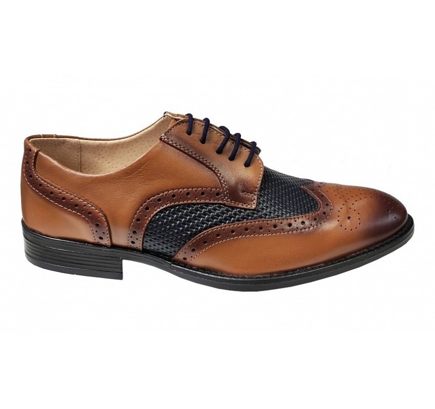 Pantofi Barbai din Piele Naturala - Stil Oxford, Model 993 Maro & Bleumarin inchis
