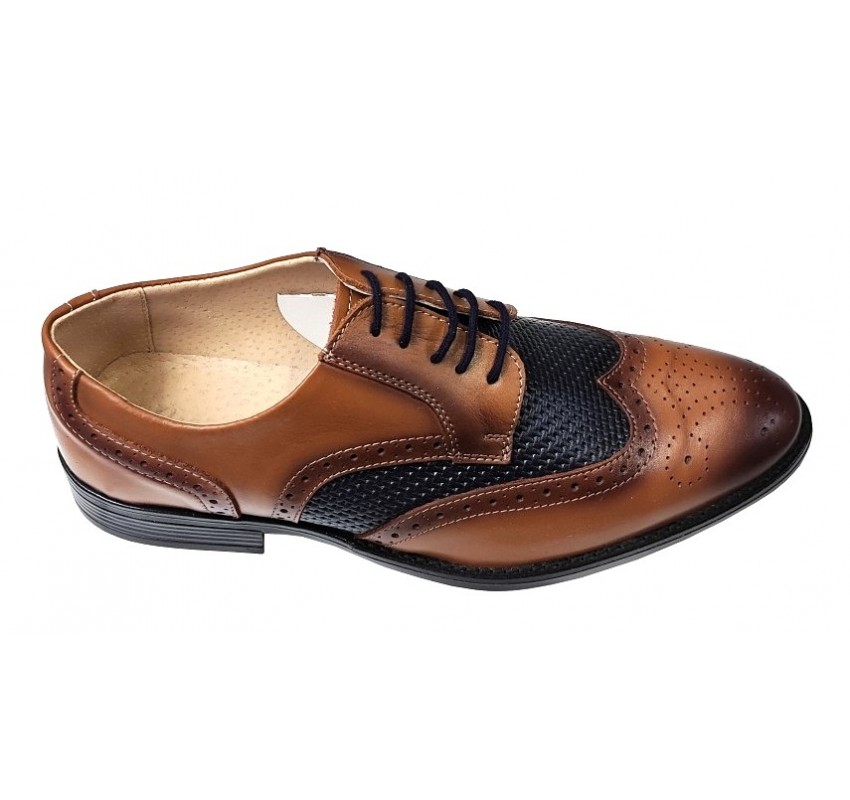 Pantofi Barbai din Piele Naturala - Stil Oxford, Model 993 Maro & Bleumarin inchis