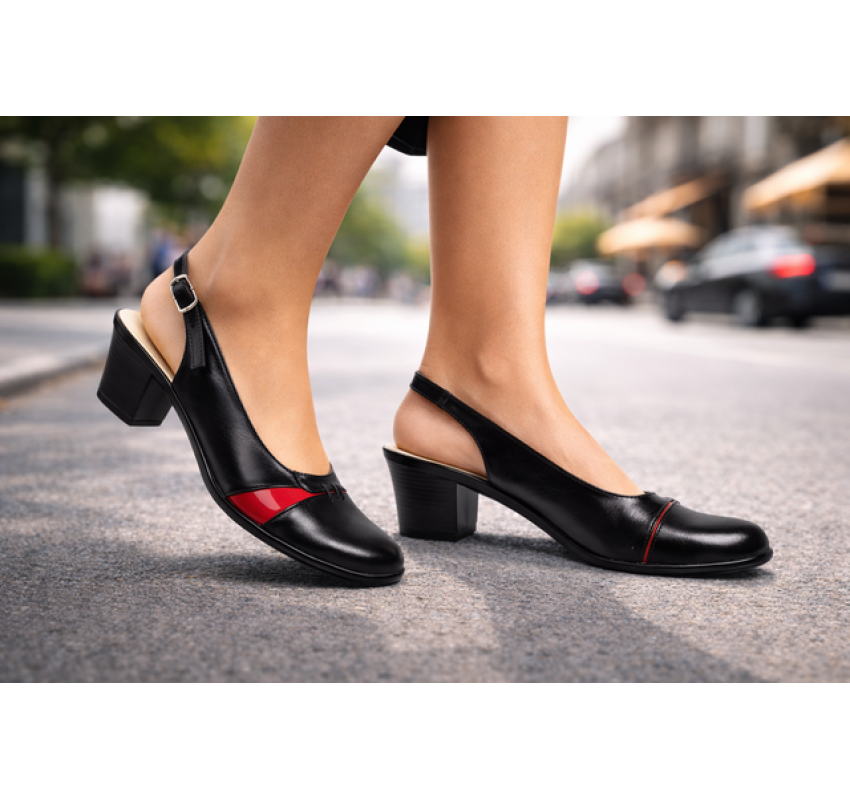 Pantofi dama eleganti decupati negru-rosu cu toc – design modern din piele naturala BVS35LR