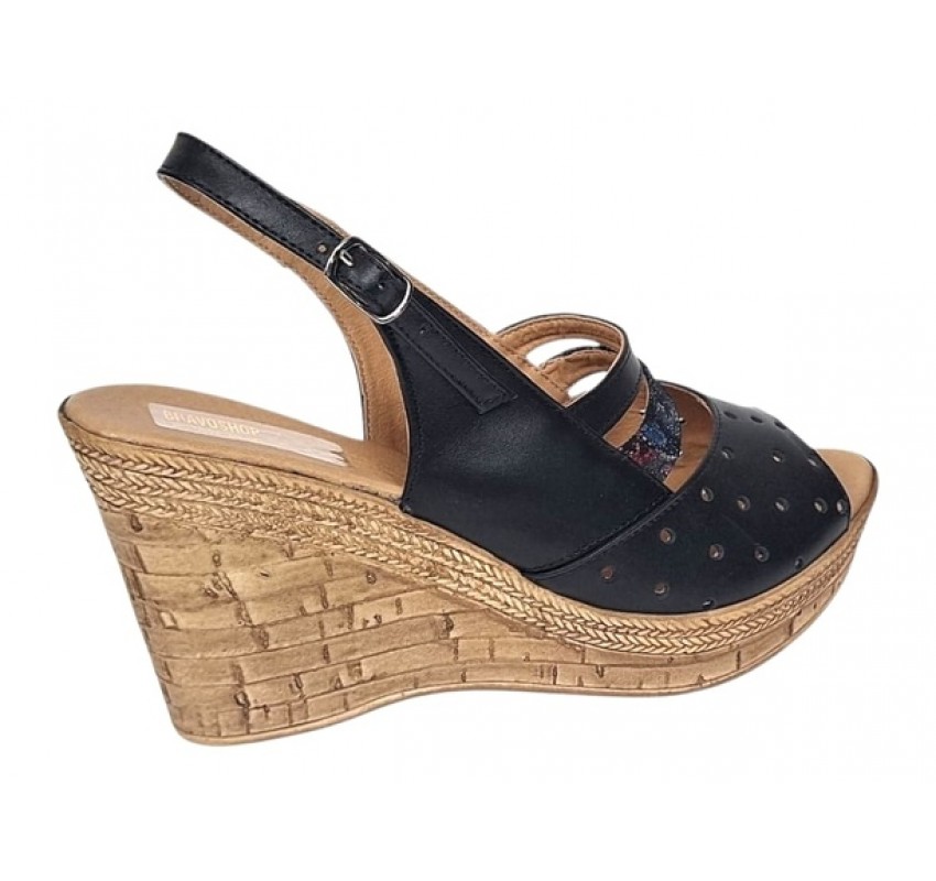 Sandale dama din piele naturala cu platforme de 8.5 cm Negru Floral BVS46XNF
