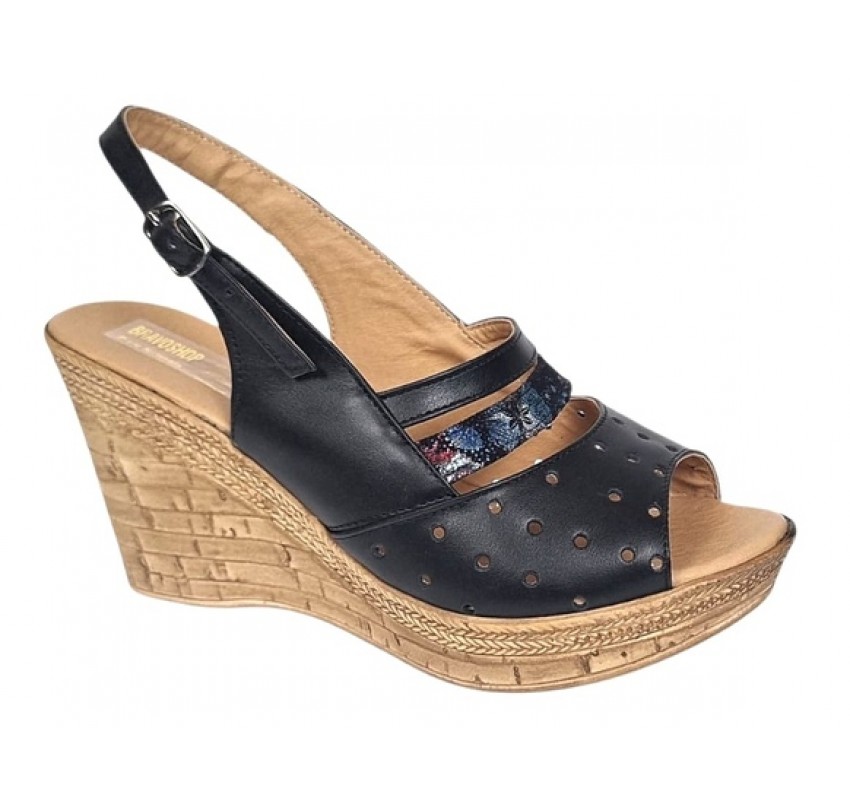 Sandale dama din piele naturala cu platforme de 8.5 cm Negru Floral BVS46XNF