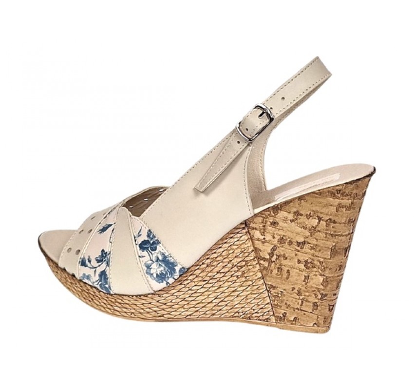 Sandale dama din piele naturala cu platforme de 10cm Bej Blue Floral BVS47BXF