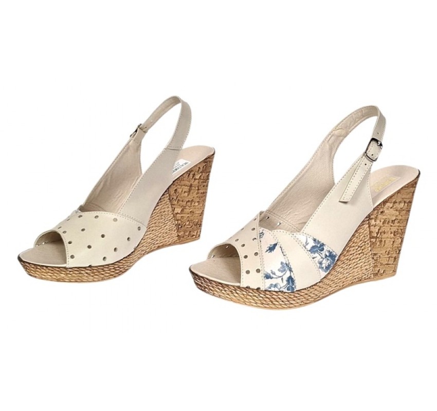 Sandale dama din piele naturala cu platforme de 10cm Bej Blue Floral BVS47BXF