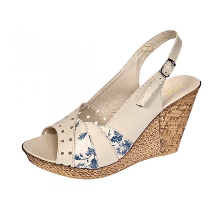 Sandale dama din piele naturala cu platforme de 10cm Bej Blue Floral BVS47BXF