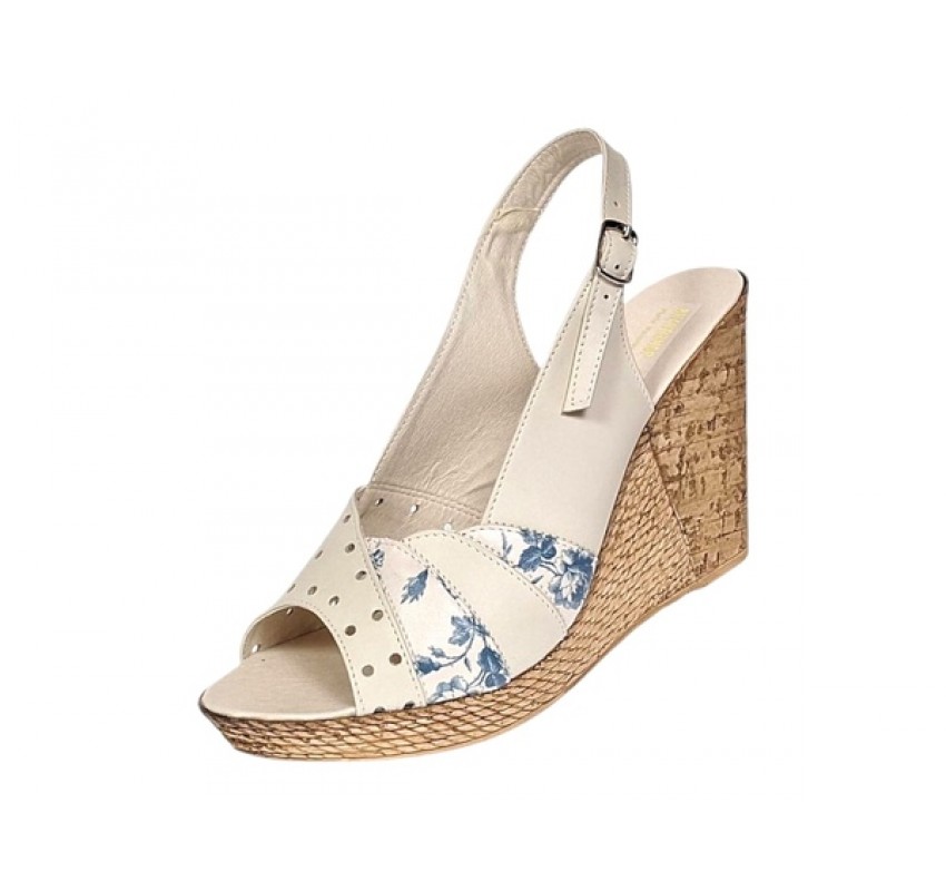 Sandale dama din piele naturala cu platforme de 10cm Bej Blue Floral BVS47BXF