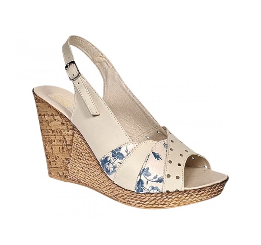 Sandale dama din piele naturala cu platforme de 10cm Bej Blue Floral BVS47BXF