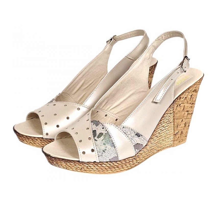 Sandale dama din piele naturala cu platforme de 10cm Bej Verde Floral BVS47BXV