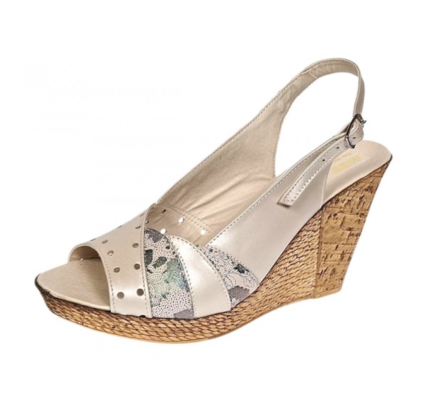 Sandale dama din piele naturala cu platforme de 10cm Bej Verde Floral BVS47BXV