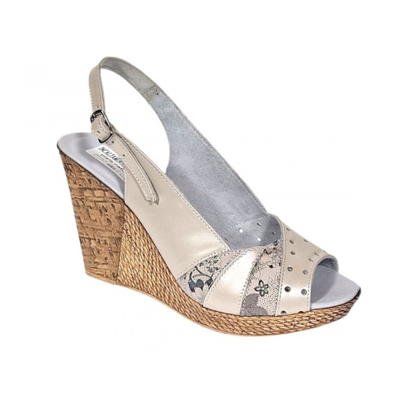 Sandale dama din piele naturala cu platforme de 10cm Crem Sidefat Floral BVS47CXF