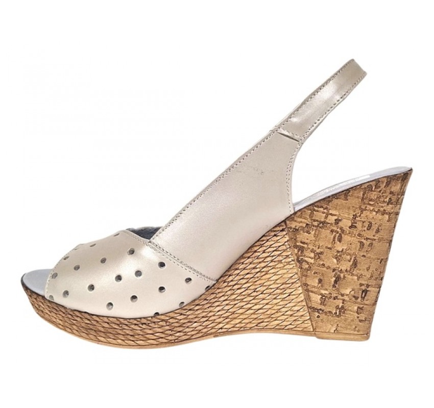 Sandale dama din piele naturala cu platforme de 10cm Crem Sidefat Floral BVS47CXF