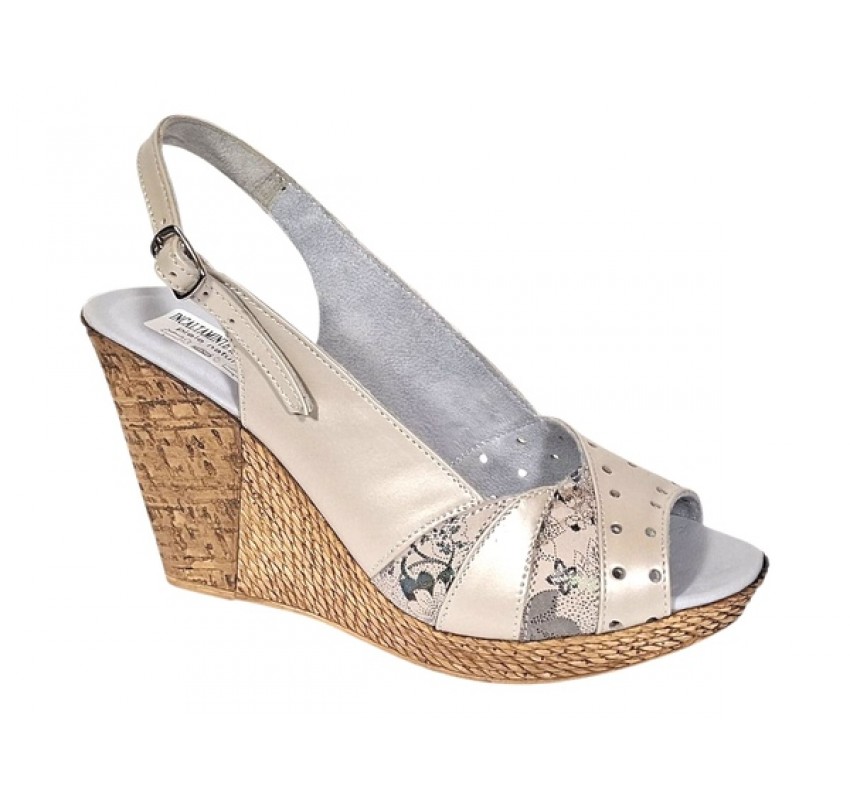 Sandale dama din piele naturala cu platforme de 10cm Crem Sidefat Floral BVS47CXF