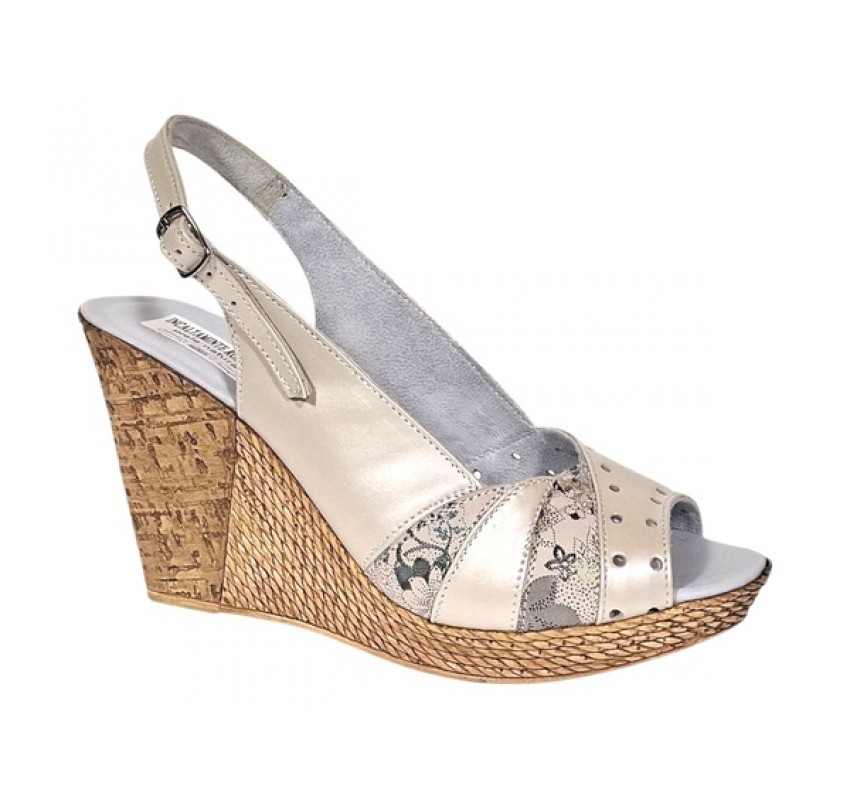 Sandale dama din piele naturala cu platforme de 10cm Crem Sidefat Floral BVS47CXF