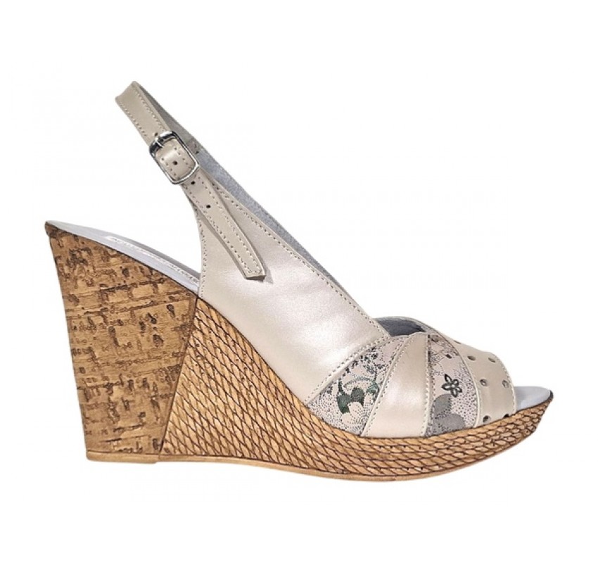 Sandale dama din piele naturala cu platforme de 10cm Crem Sidefat Floral BVS47CXF