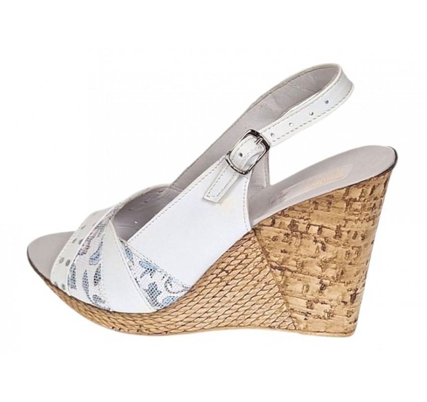 Sandale dama din piele naturala cu platforme de 10cm Alb Floral BVS47XA