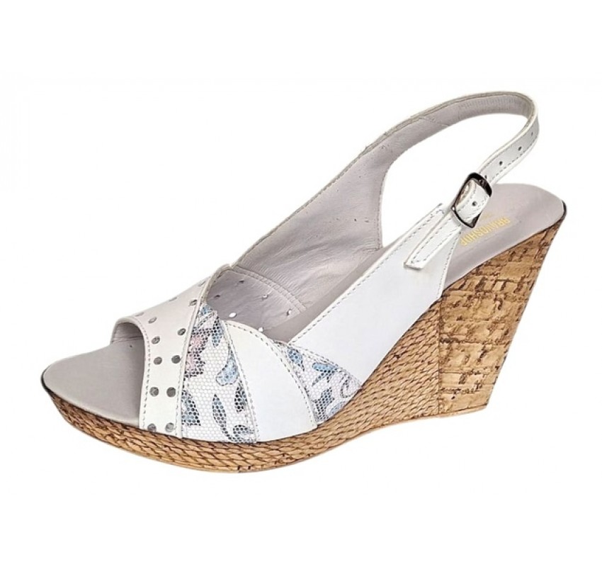 Sandale dama din piele naturala cu platforme de 10cm Alb Floral BVS47XA