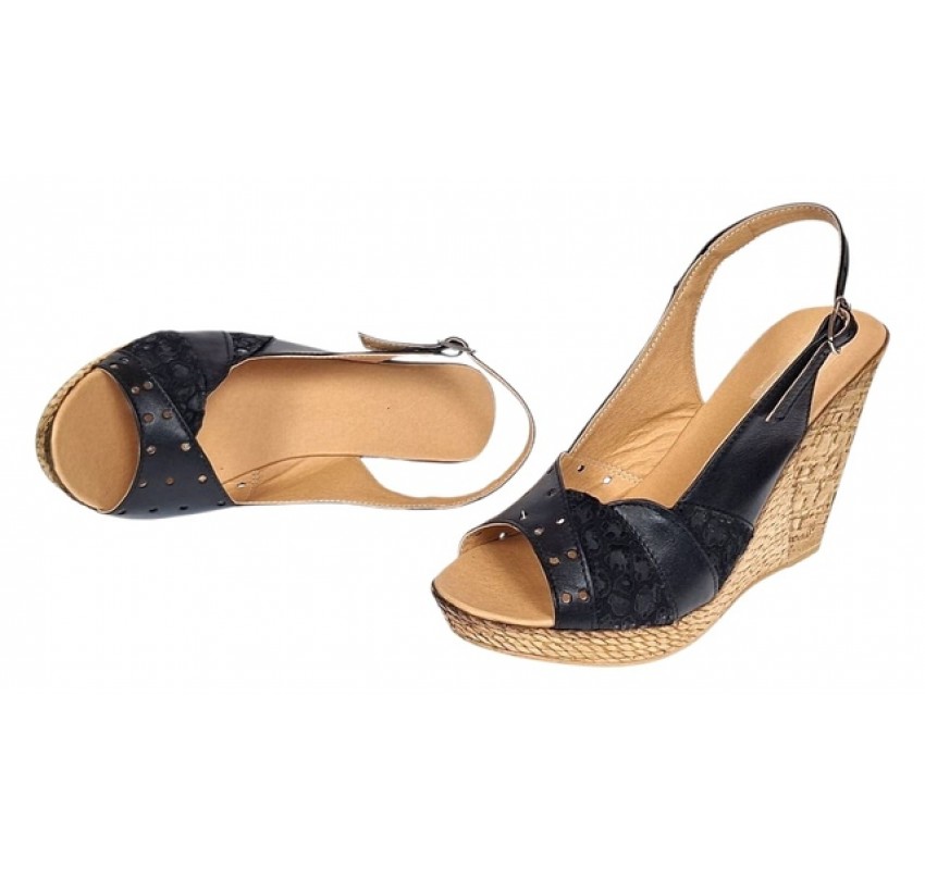 Sandale dama din piele naturala cu platforme de 10cm Negru Floral BVS47XN