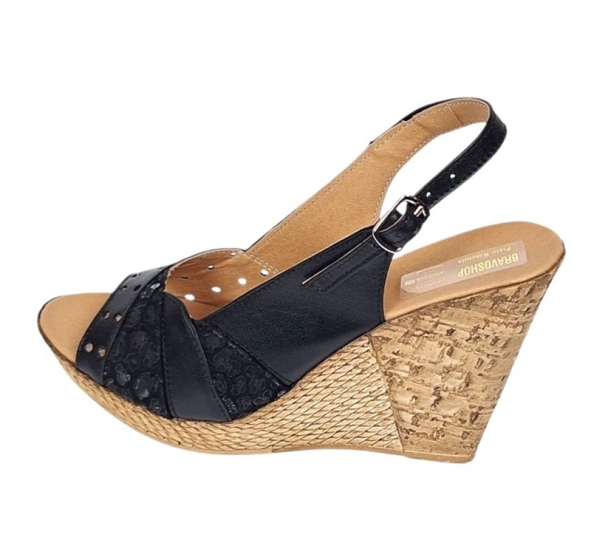 Sandale dama din piele naturala cu platforme de 10cm Negru Floral BVS47XN