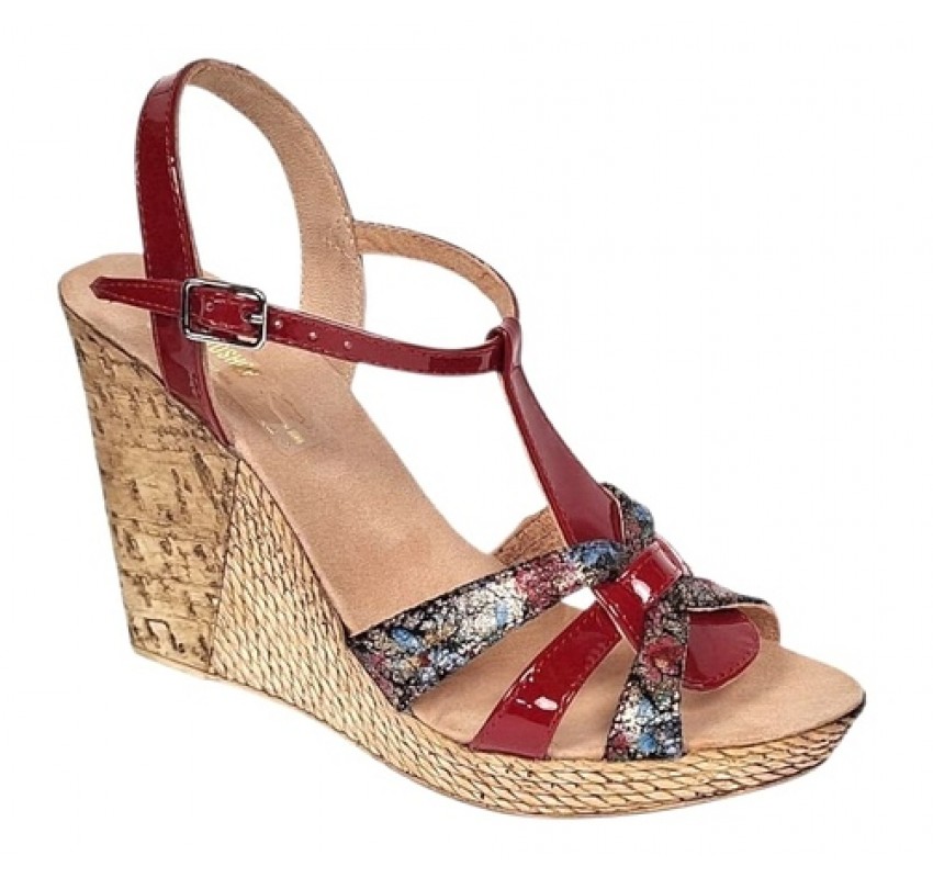 Sandale dama din piele naturala cu platforme de 10cm Rosu Floral BVS82LR