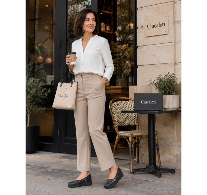 Pantofi dama negri din piele naturala perforata cu talpa ortopedica CL230N