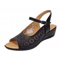 Sandale dama negre din piele naturala, cu platforma joasa si perforatii florale Elviora CLP02N