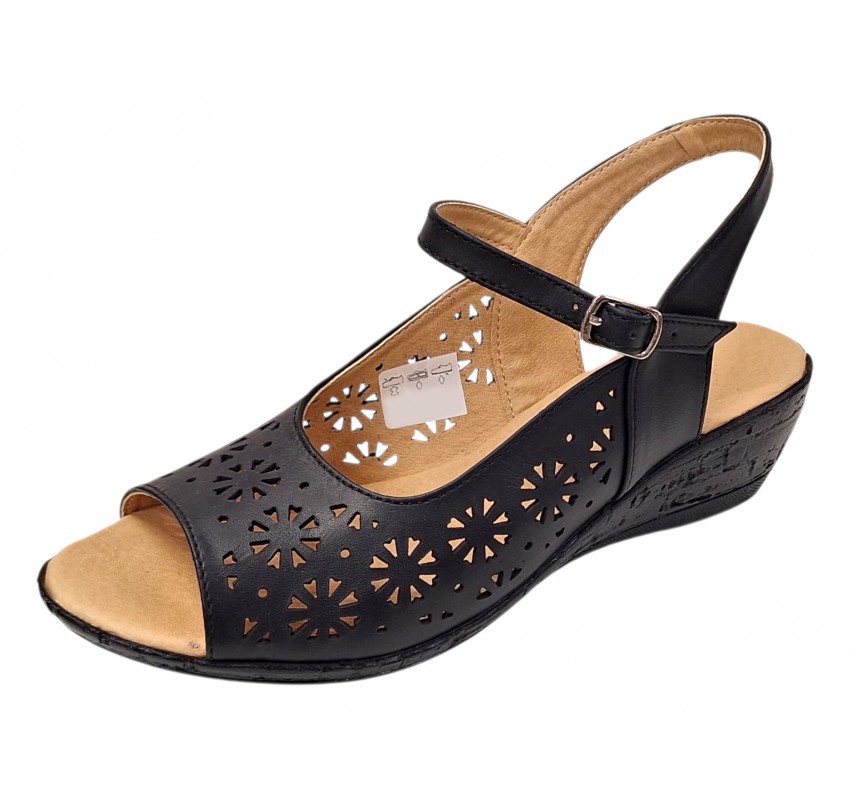 Sandale dama negre din piele naturala, cu platforma joasa si perforatii florale Elviora CLP02N