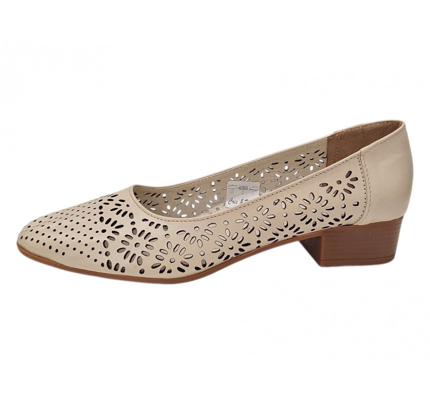 Pantofi dama bej perforati din piele naturala cu toc mic Avelisse CLP03BEJ