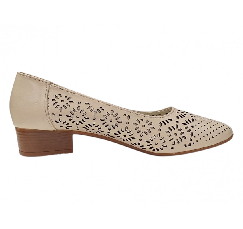 Pantofi dama bej perforati din piele naturala cu toc mic Avelisse CLP03BEJ