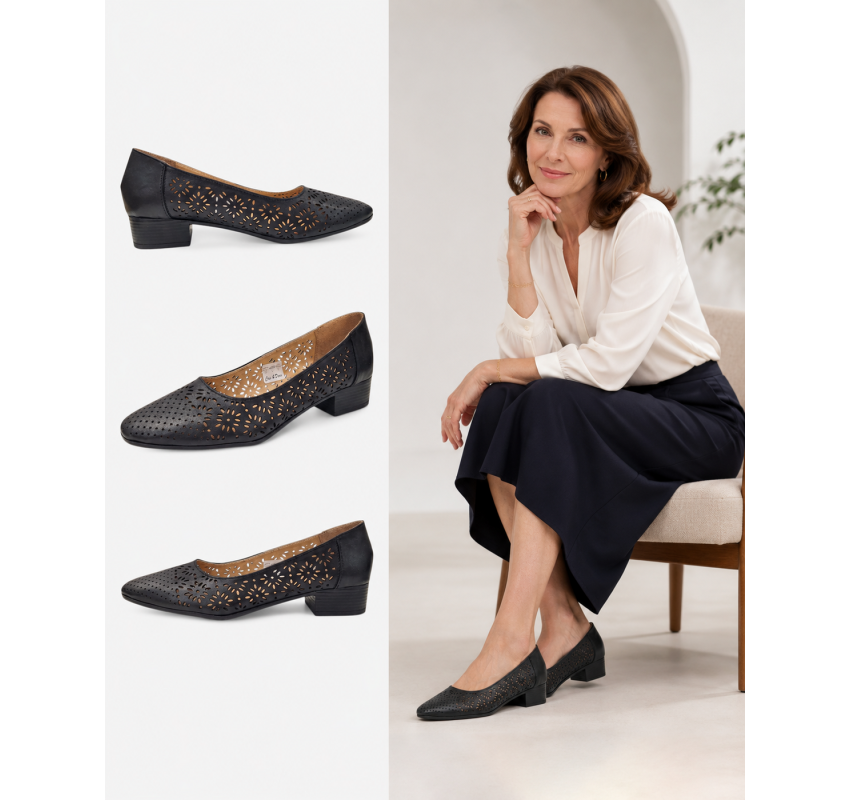 Pantofi dama negri din piele naturala perforati cu toc mic gros CLP03N