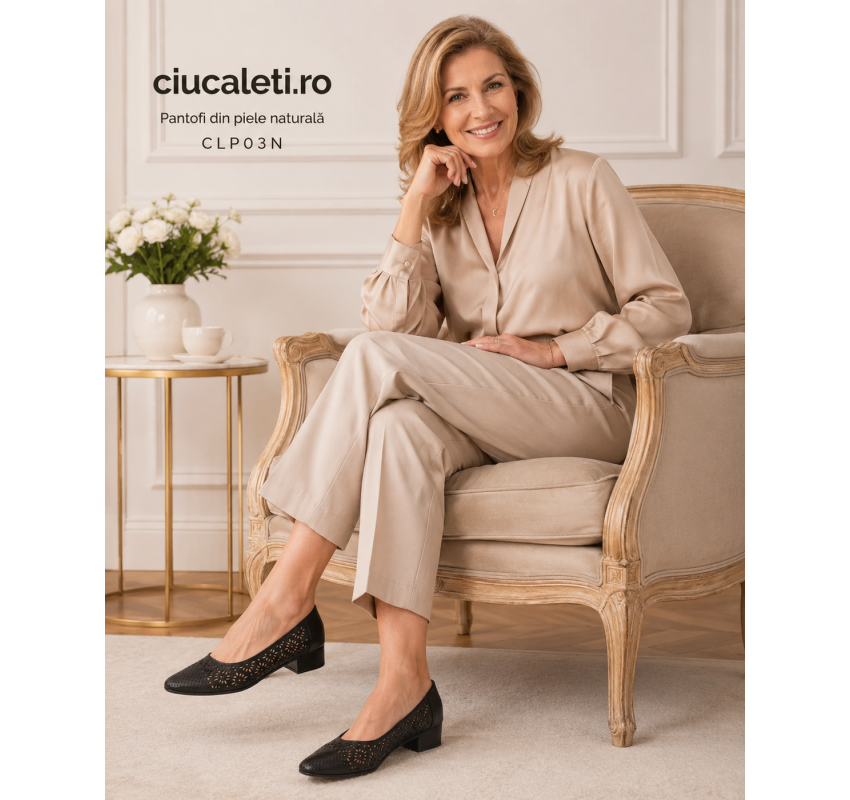 Pantofi dama negri din piele naturala perforati cu toc mic gros CLP03N