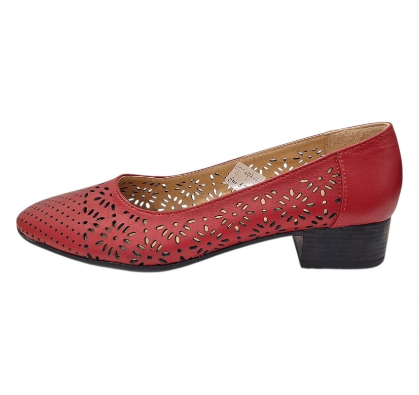 Pantofi dama perforati rosii din piele naturala cu toc mic Rosalia CLP03R
