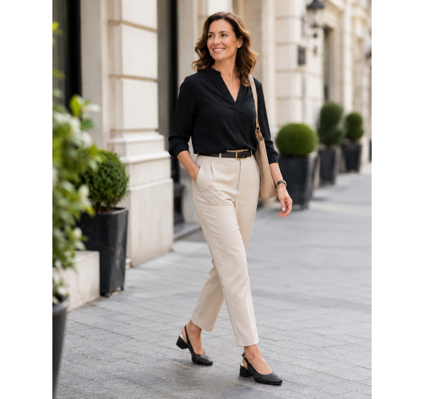 Pantofi dama negri perforati din piele naturala cu toc gros si bareta la spate Seloria CLP06N