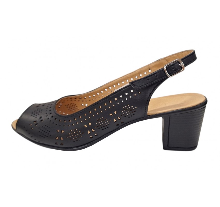 Sandale dama negre perforate din piele naturala cu toc gros si bareta la spate CLP07N